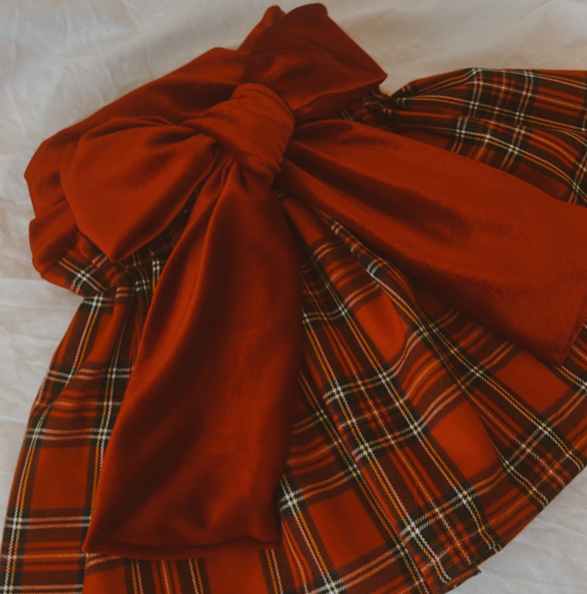 Traditional Red Tartan Skirt With Red Velvet Bow