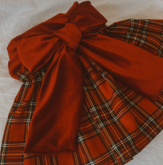 Traditional Red Tartan Skirt With Red Velvet Bow