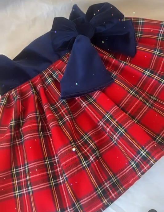 Traditional red Tartan Skirt With navy Velvet Bow