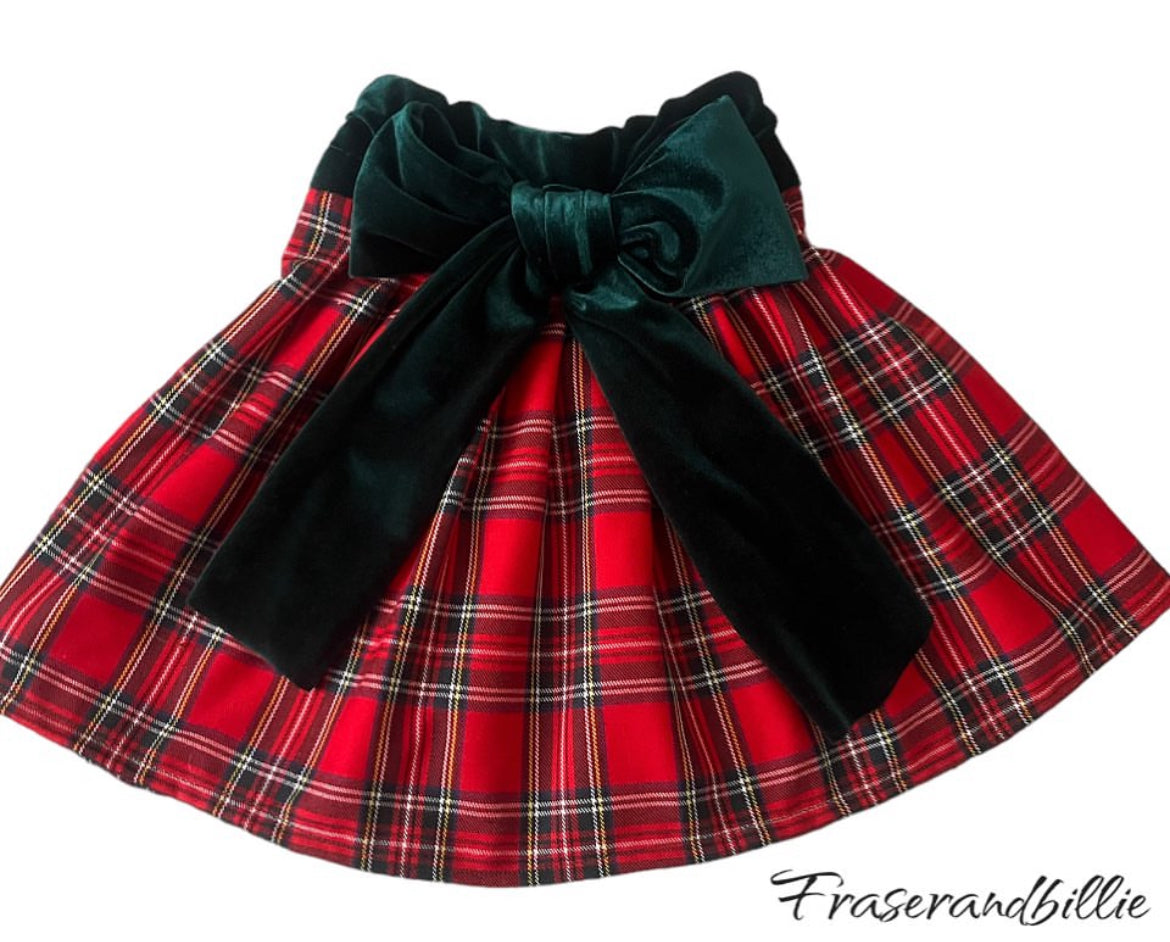 Traditional red Tartan Skirt With green Velvet Bow